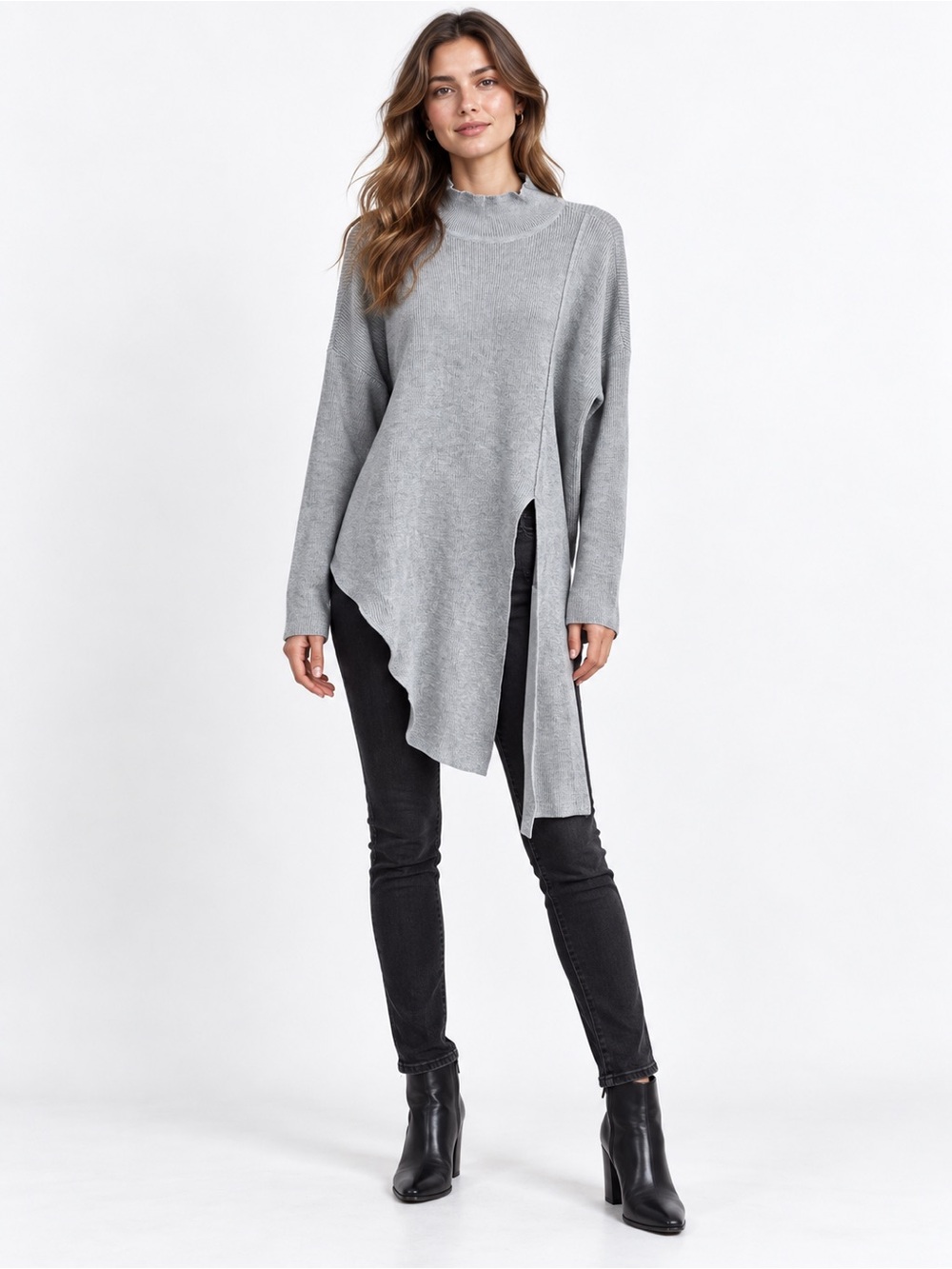 Olive + Oak Gray Mock Neck Asymmetric High-Low Split Long Sleeve Sweater Size S